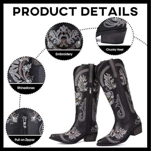 Cowgirl Boots, Glitter Sparkly Rhinestone Western Country Boots w/Classic Embroi - Picture 5 of 6